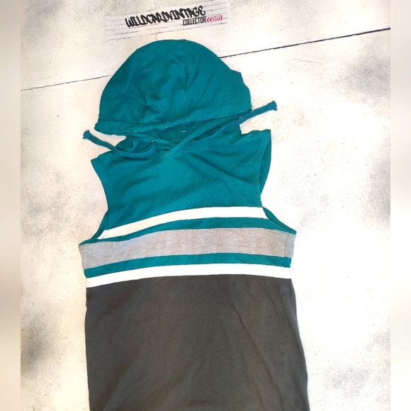 Sleeveless Teal Grey White Hoodie striped size small - Picture 5 of 6